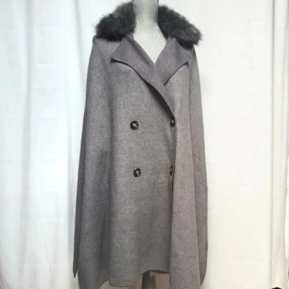 Zara Coat Jacket Fur Collar Knit Cape Poncho Faux Coat Jacket S - Picture 10 of 14